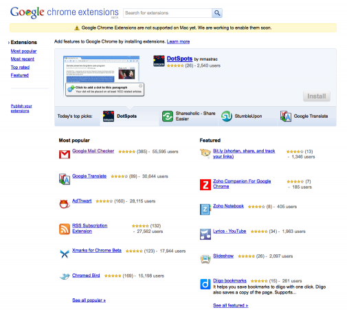 Google Chrome Extensions, la page d'accueil