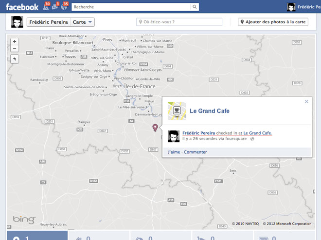 Les "check-ins" de Foursquare arrivent dans la carte de Facebook Timeline