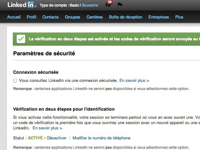 Vérification deux étapes LinkedIn