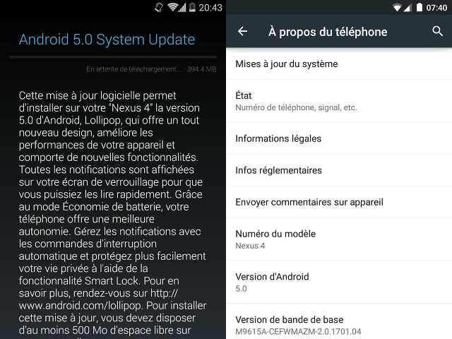 Android Lollipop sir le Nexus 4