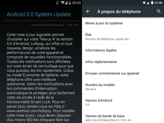 Android Lollipop sir le Nexus 4