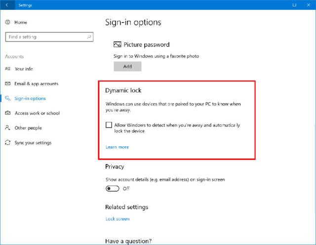 Windows 10 : Dynamic Lock