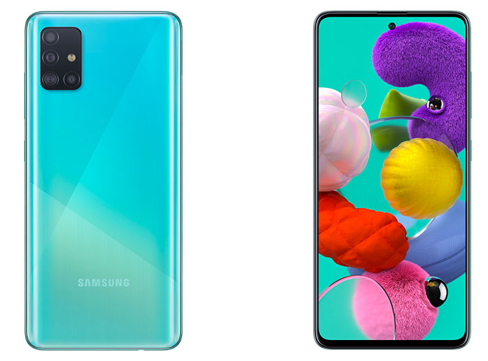 Le Galaxy A51 de dos et de face, on appréciera les motifs incrustés dans le verre