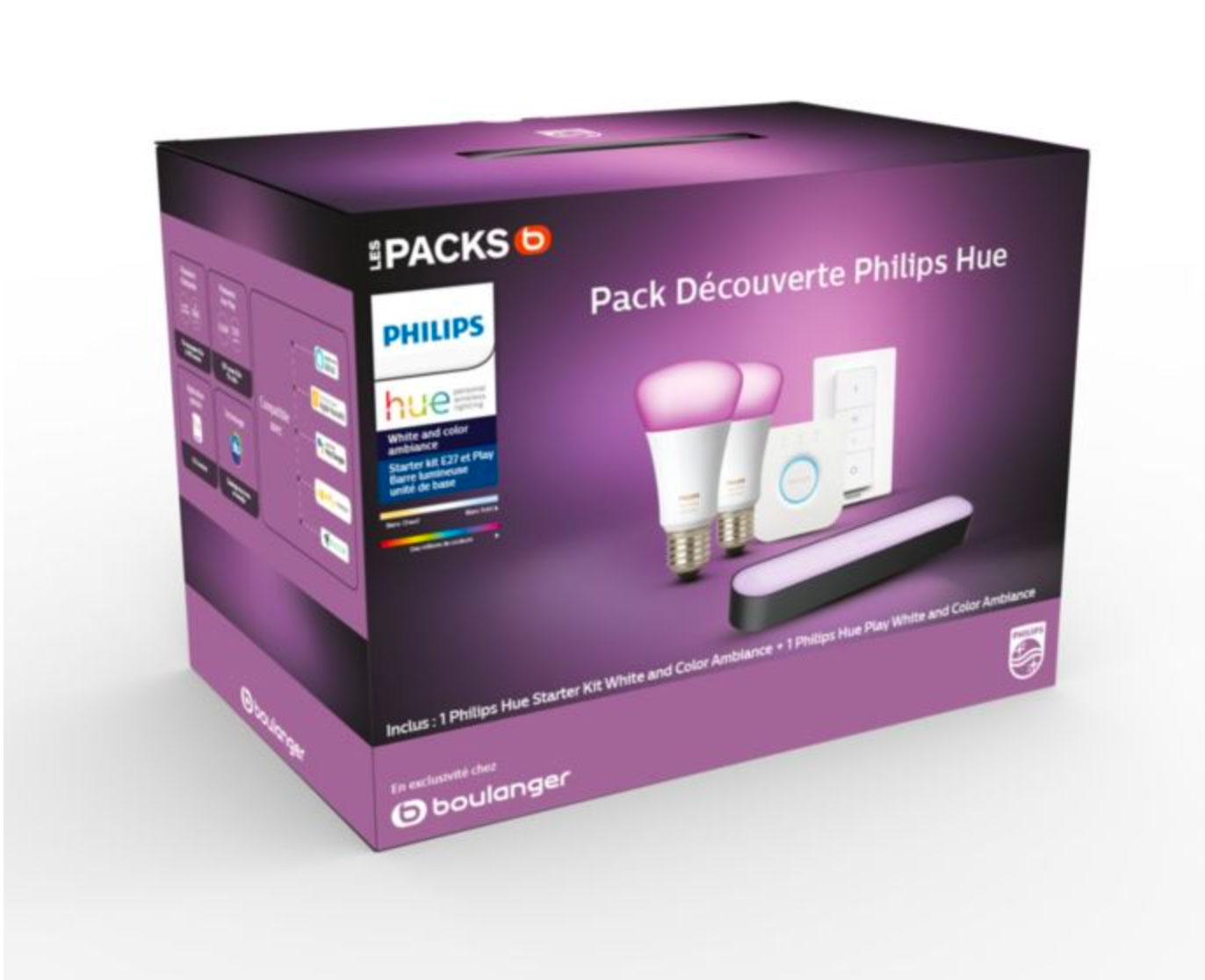 Le pack Philips Hue (Hue Play + 2 E27 W&C + pont) à 159 € chez Boulanger