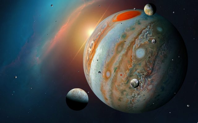 Une vue d'artiste de Jupiter et de ses lunes