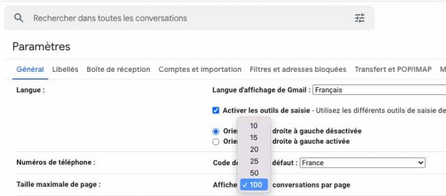 Gmail permet de changer le nombre de conversations affichées sur chaque page