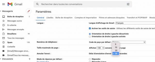 L'option permettant de modifier le délai d'annulation d'envoi d'un message