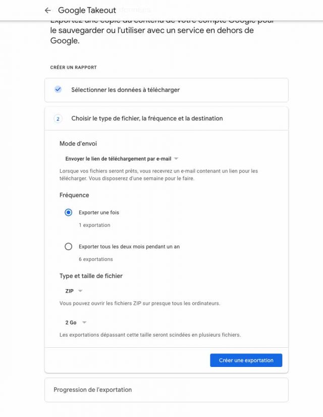 Une capture des options d'export des données de Gmail