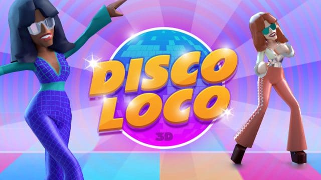 Deux danseuses dansent avec le logo du jeu Disco Loco en arrière plan.