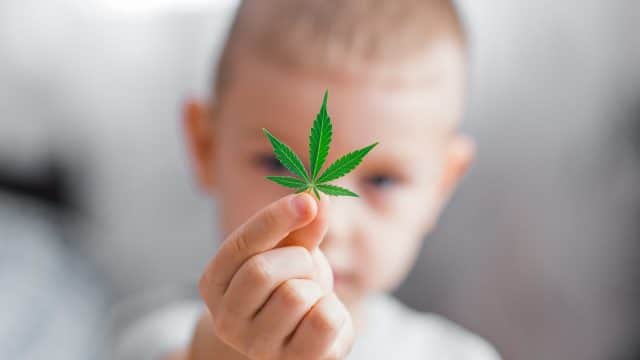 Un enfant qui tient une feuille de cannabis
