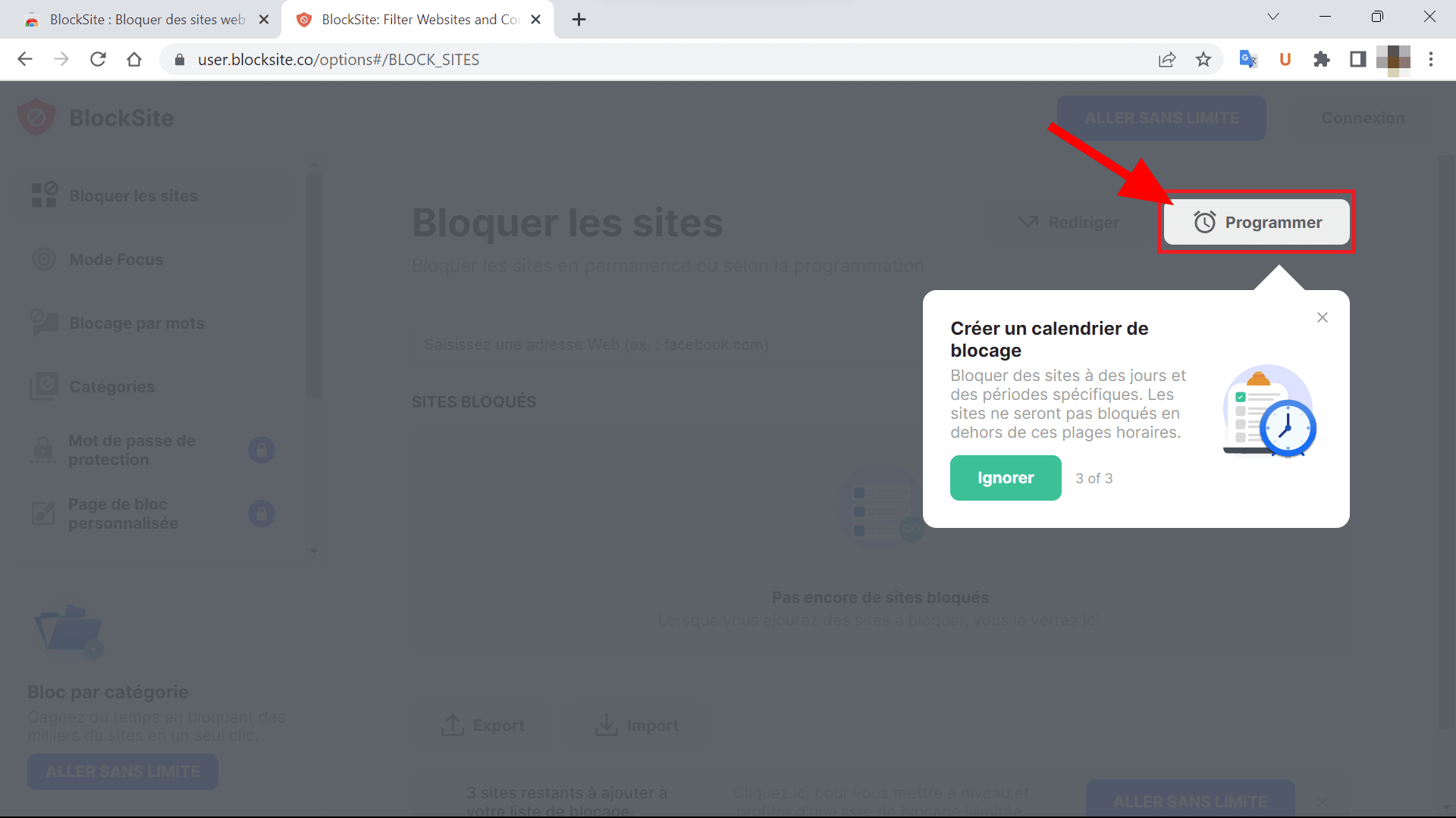 Fonctionnalité de blocage suivant des horaires via BlockSite - Crédit : fredzone.org