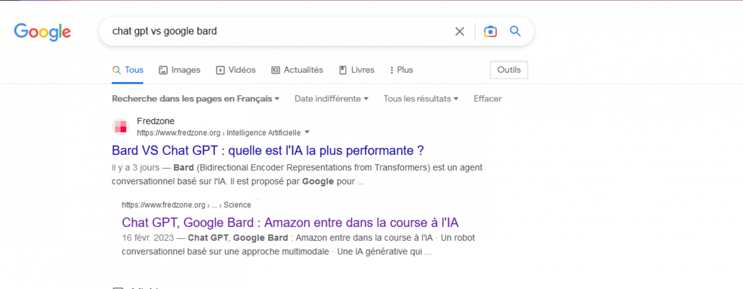 Fredzone dans le SERP Google