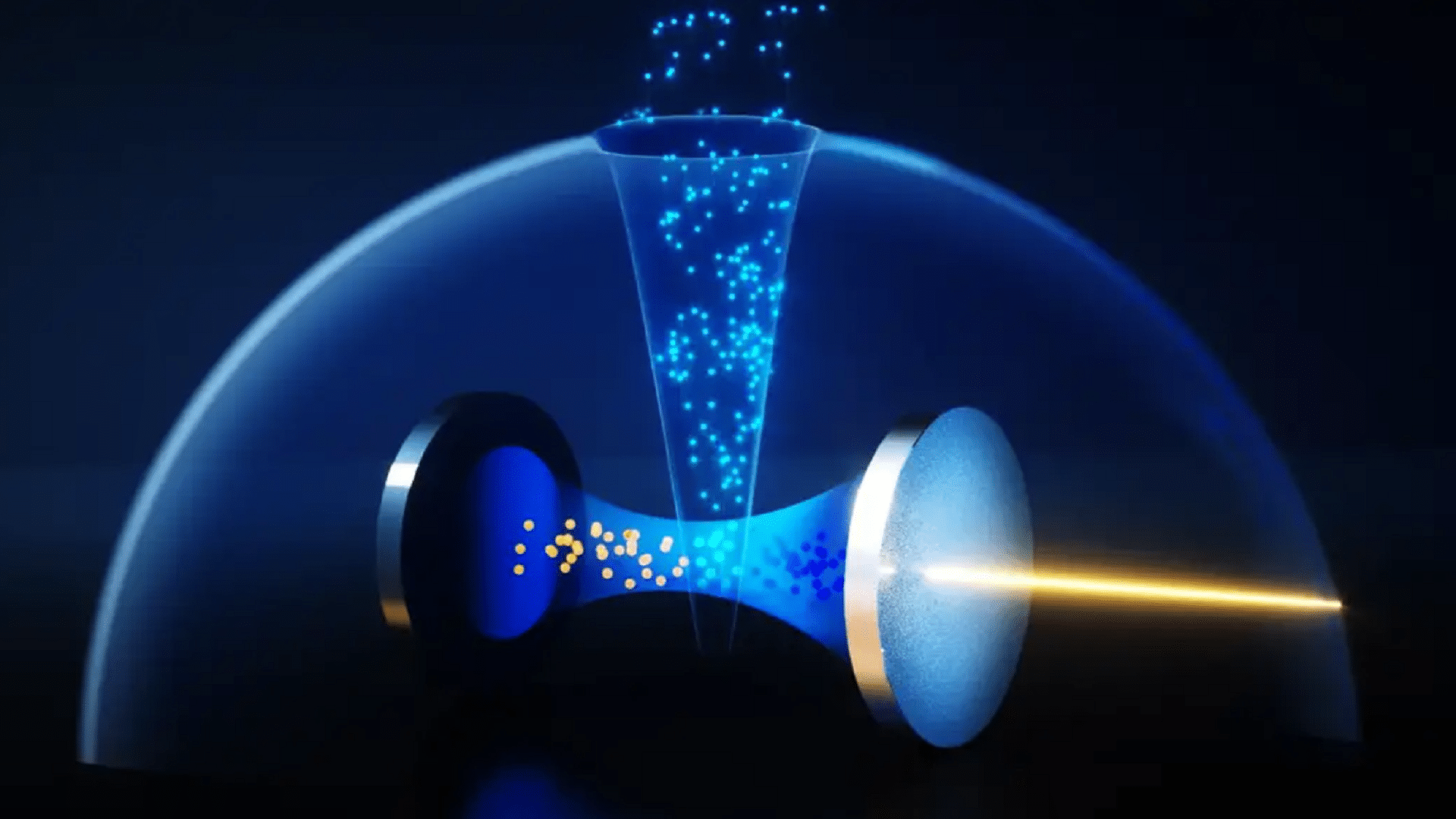 Un laser frappant des atomes dans une cavité optique.