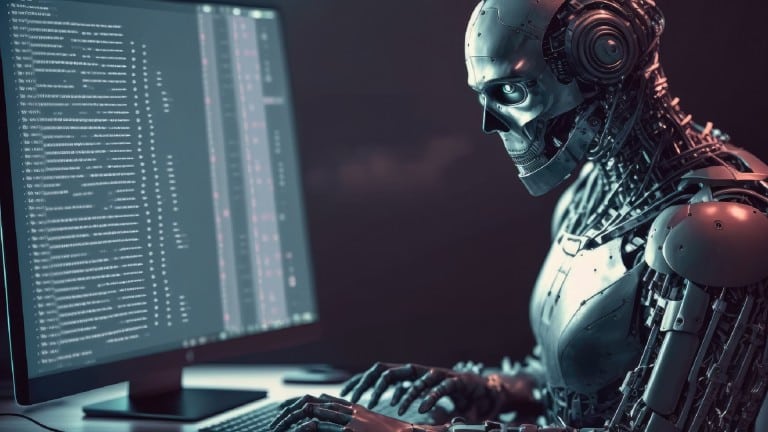 Un robot d'intelligence artificielle utilise un ordinateur pour coder un programme informatique.